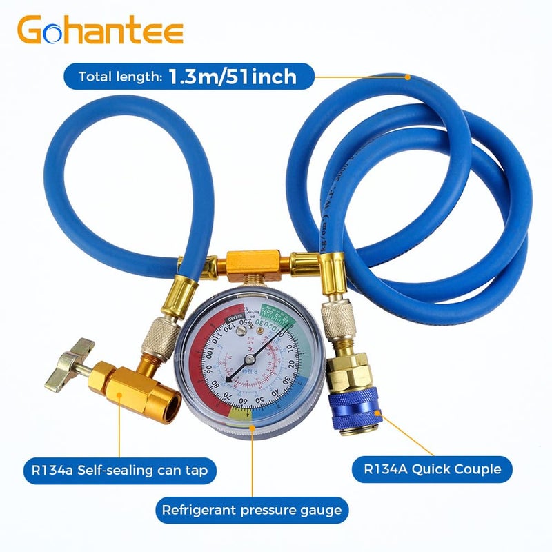 gohantee طقم خرطوم شحن R134a مع مقياس، خرطوم شحن مبرد تكييف 51 بوصة، طقم قياس خرطوم شحن مبرد، صنبور مبرد R-134a ذاتي الإغلاق لتوصيل R-12/R-22، يتضمن وصلة سريعة للجانب المنخفض R134a - Image 2